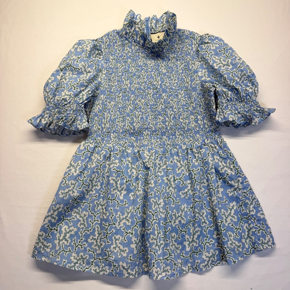 Tuckernuck Smocked Top M Blue Floral Puff Sleeve Cotton Ruffle Blouse